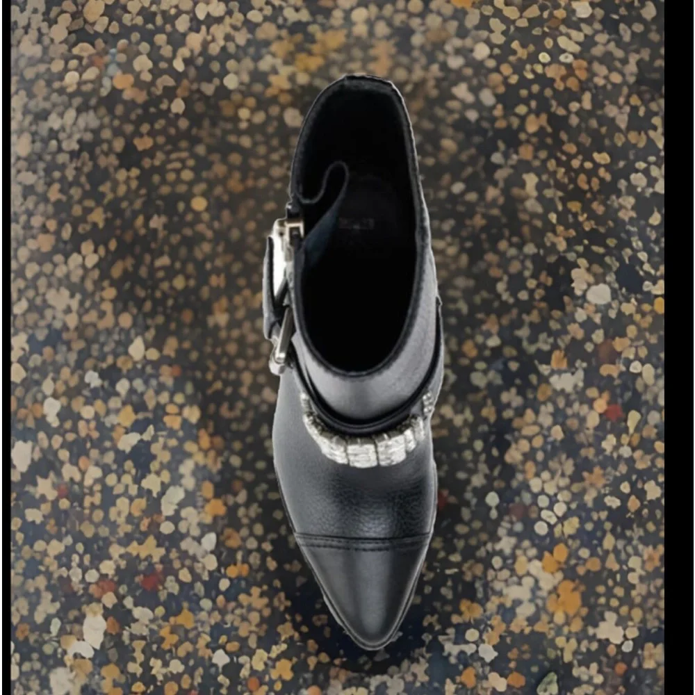 Karl Lagerfeld Mable Lug-Sole Heeled Black Boot W/Crystal & Polished Studs Strap
